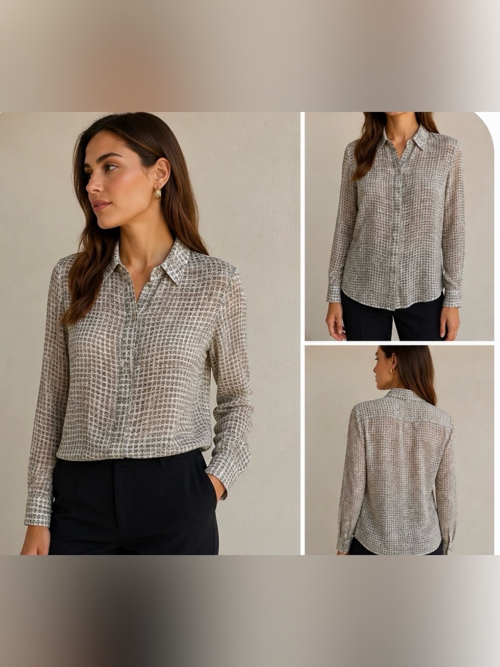 Armani Collezioni Taupe Check-Print Button Down Blouse size 8